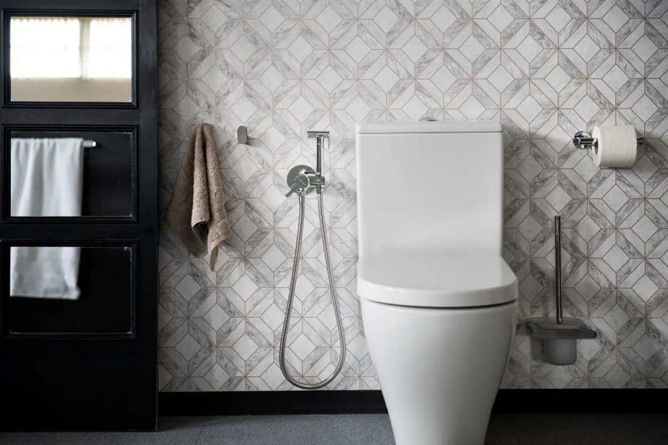 Accessoris de bany i dutxa extraïble per a WC de Ramon Soler®. Accessoris de bany de Ramon Soler®: Portarrotllos, escombreta i penjadors per a tovallola de bidet.