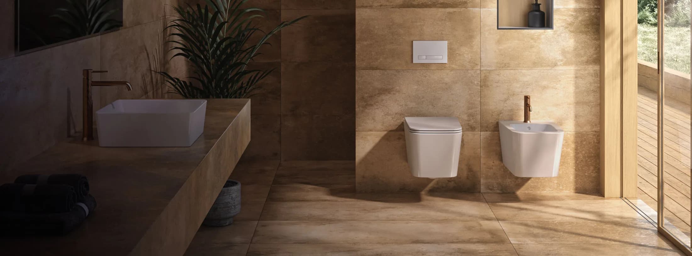 Bany d'hotel amb fusta i llum natural