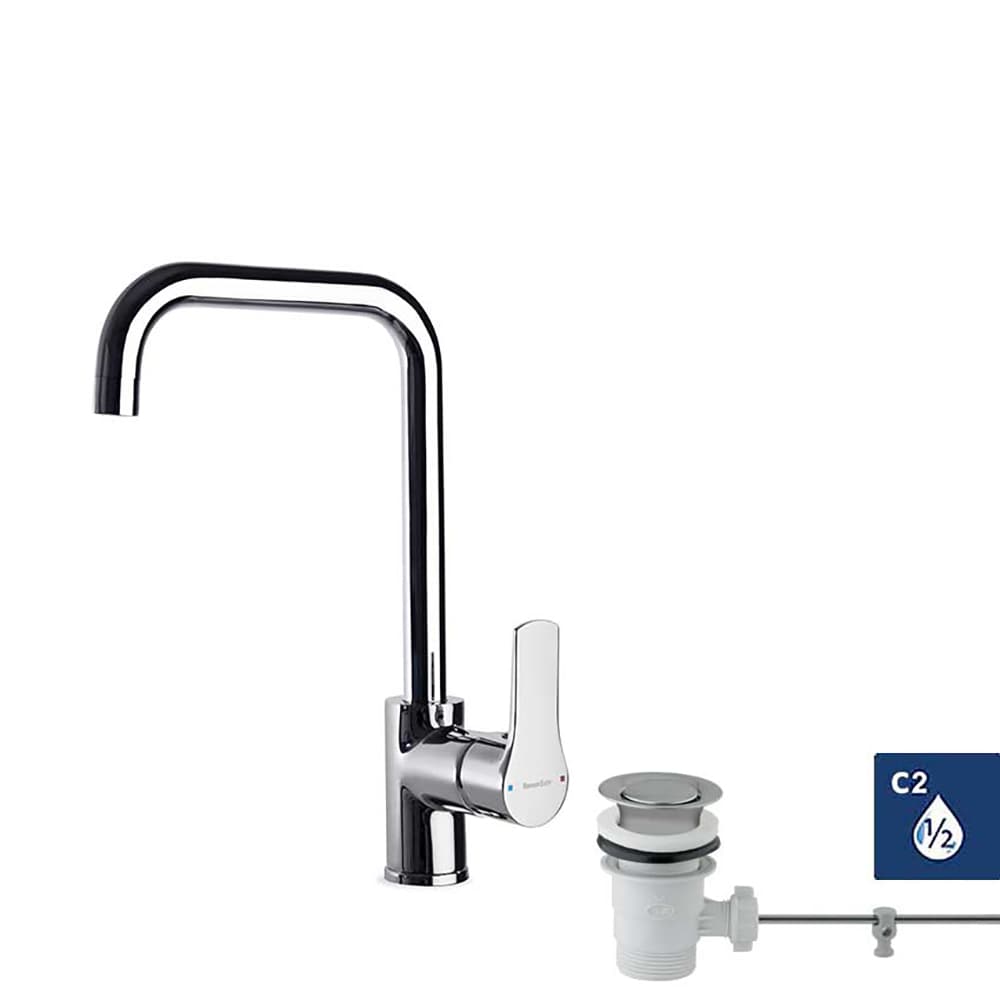 Titanium energy, mitigeur de lavabo avec système S2, bec orientable 230 mm et vidage automatique 1 1/4" en ABS, Chromé