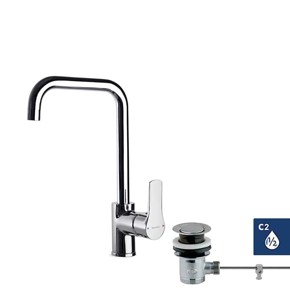 Titanium energy, mitigeur de lavabo avec système S2, bec orientable (hauteur 230 mm) et vidage automatique 1 1/4, Chromé