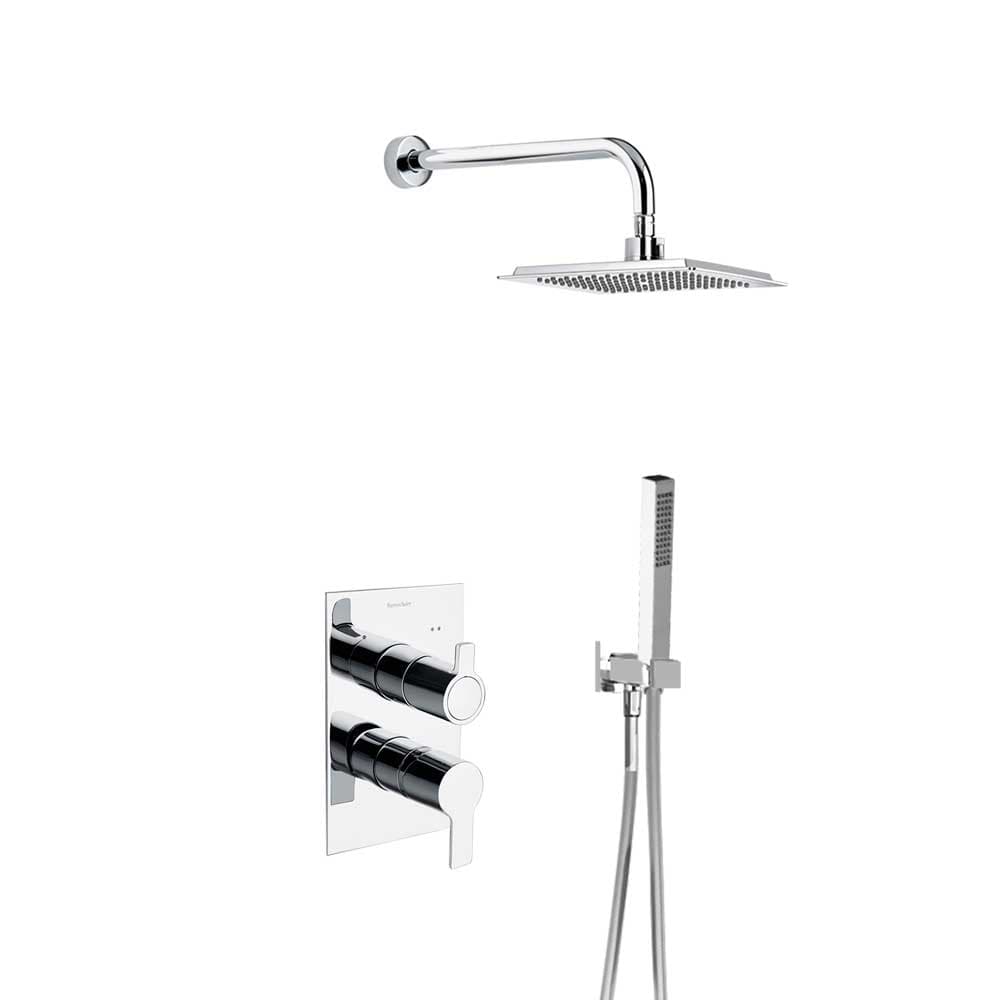 Blautherm, conjunt monocomandament metàl·lic encastat de 2 vies amb suport, presa d'aigua, telèfon de dutxa i ruixador quadrat 225mm cromat