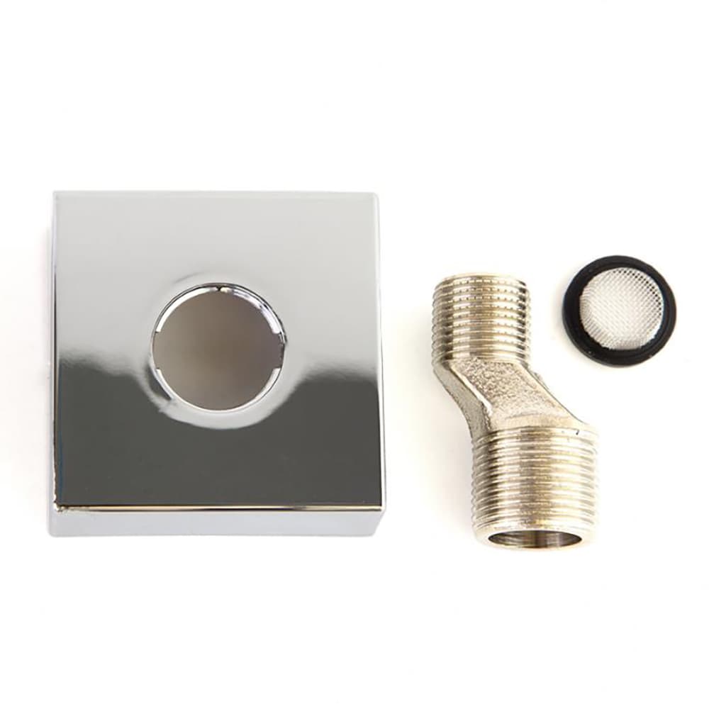 Accessoires, rosace carrée avec raccord excentré, silencieux et filtre à tamis, Chromé