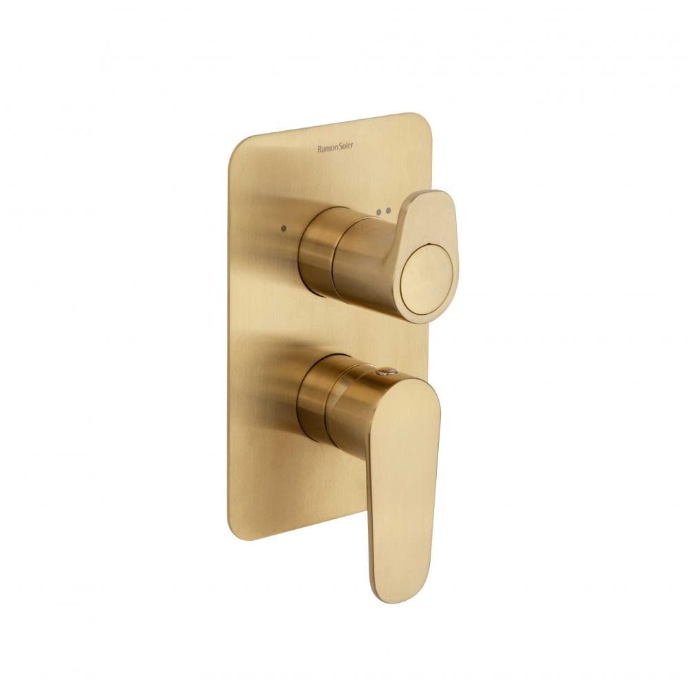 Alexia, monomando de baño-ducha empotrado 2 vías con placa metálica, Oro cepillado