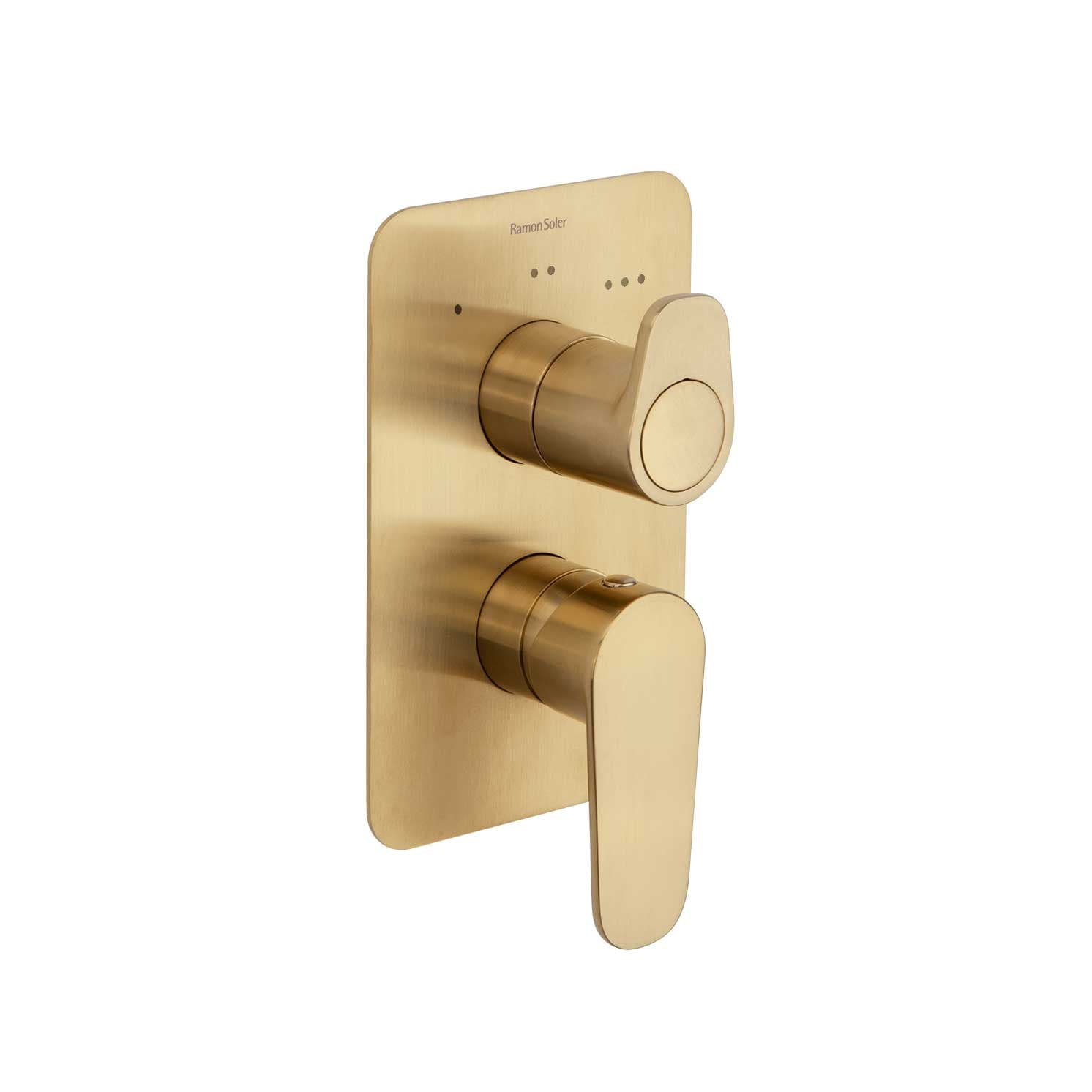 Alexia, monomando de baño-ducha empotrado 3 vías con placa metálica, Oro cepillado