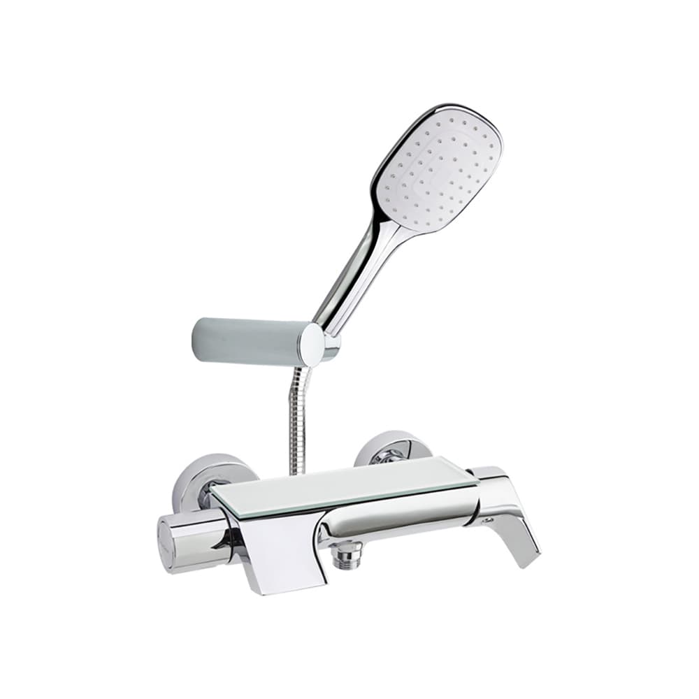 Urban chic, mitigeur bain-douche avec inverseur intégré, bec cascade, tablette en verre de sécurité et ensemble de douche, Chromé