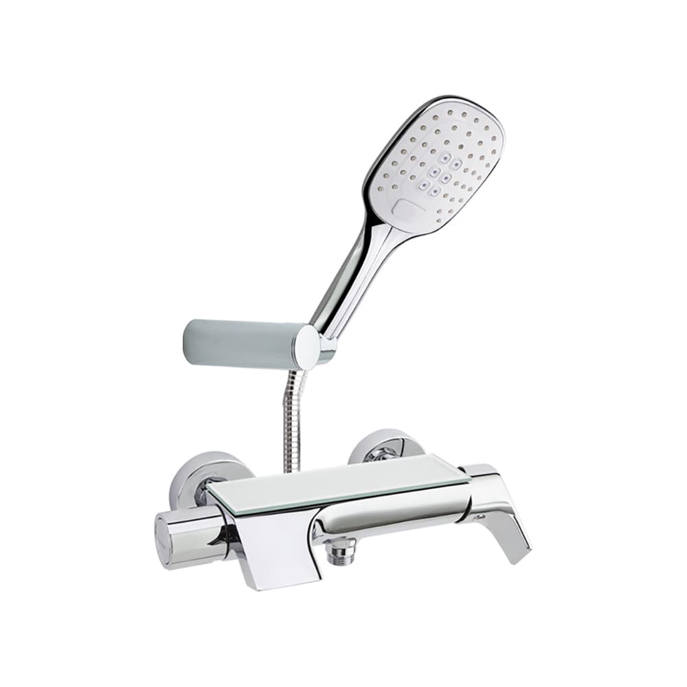 Urban chic, mitigeur bain-douche avec inverseur intégré, bec cascade, tablette en verre de sécurité et ensemble de douche, Chromé