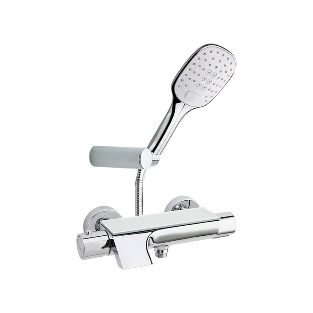 Urban chic, mitigeur thermostatique bain-douche avec ensemble de douche, bec cascade, inverseur intégré et tablette en verre de sécurité, Chromé