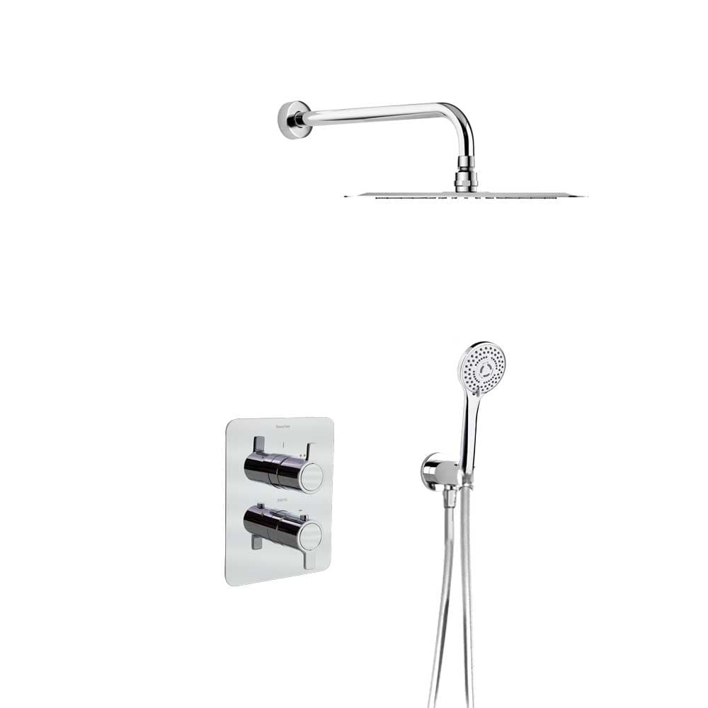 Blautherm, Breeam, conjunto termostático empotrado metálico de 2 vías con soporte, toma de agua, teleducha y rociador metálico redondo de Ø250 mm, Cromo
