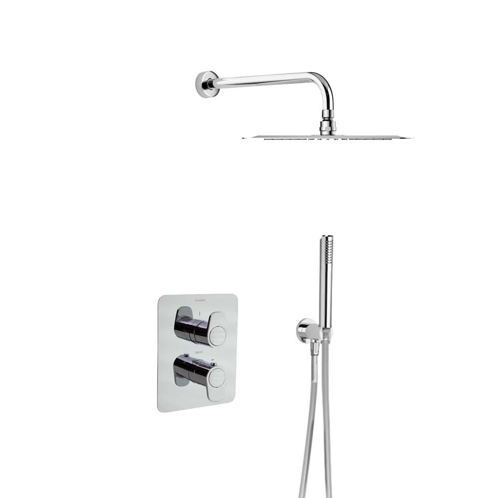 Alexia, conjunto termostático empotrado 2 vías con soporte, toma de agua, teleducha y rociador metálico Ø250mm cromado