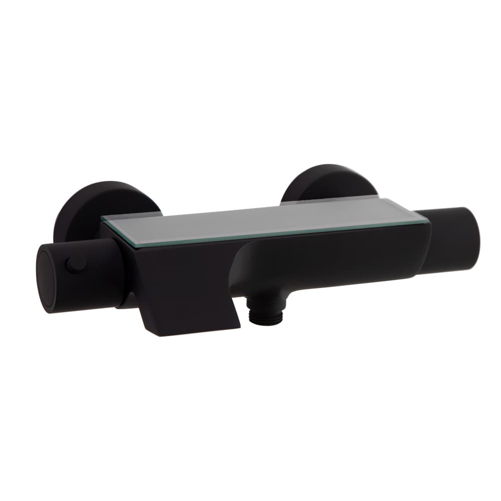 Urban chic, mitigeur thermostatique bain-douche à bec cascade avec inverseur intégré et tablette, Noir mat