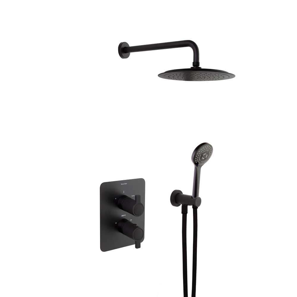 Blautherm, Breeam, ensemble thermostatique encastré métallique 2 voies avec support de douchette, coude de raccordement mural, douchette et pomme de douche ronde Ø240 mm, 8L, noir mat
