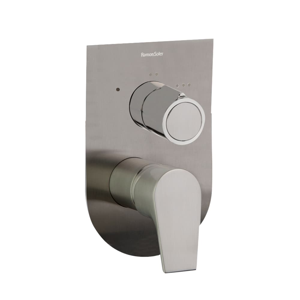 Urban chic, monomando de baño-ducha empotrado metálico 3 vías con placa ultraslim S2, Niquel cepillado