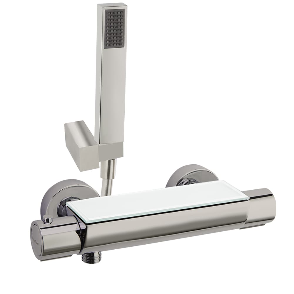 Urban chic, mitigeur thermostatique de douche avec ensemble de douche et tablette en verre de sécurité, Nickel brossé