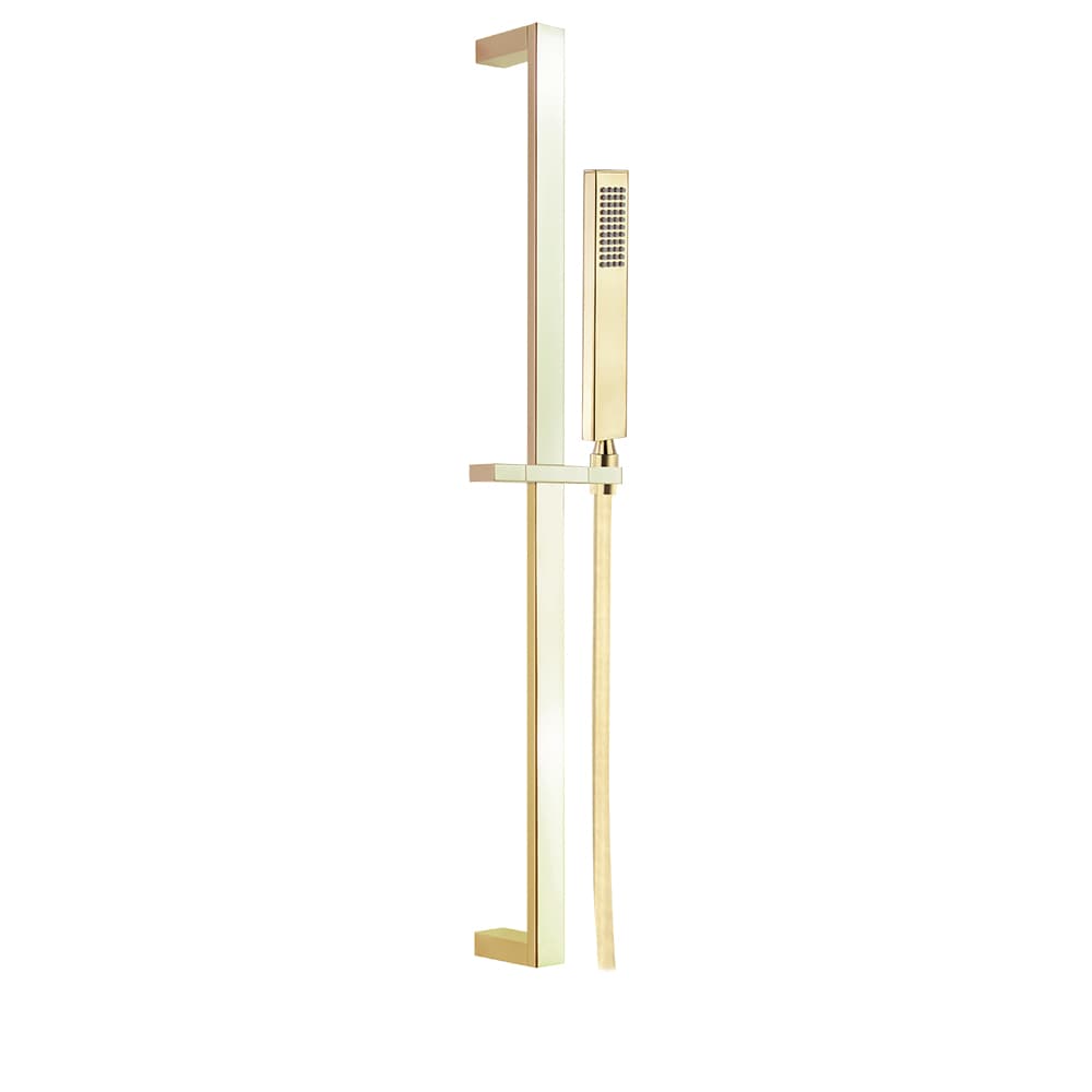 Hidroterapia, Barra de ducha Kuatro metálica oro cepillado cuadrada de 70cm, con teleducha de metal y flexo, Oro cepillado