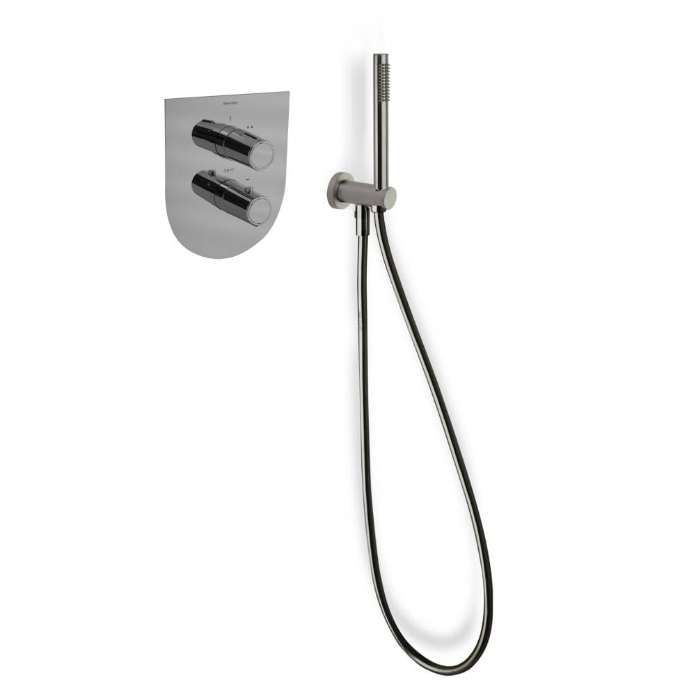 Tzar, Unterputz-Thermostat-Set mit 2 Wegen, Brausehalter, Wandanschlussbogen und Handbrause., Nickel gebürstet
