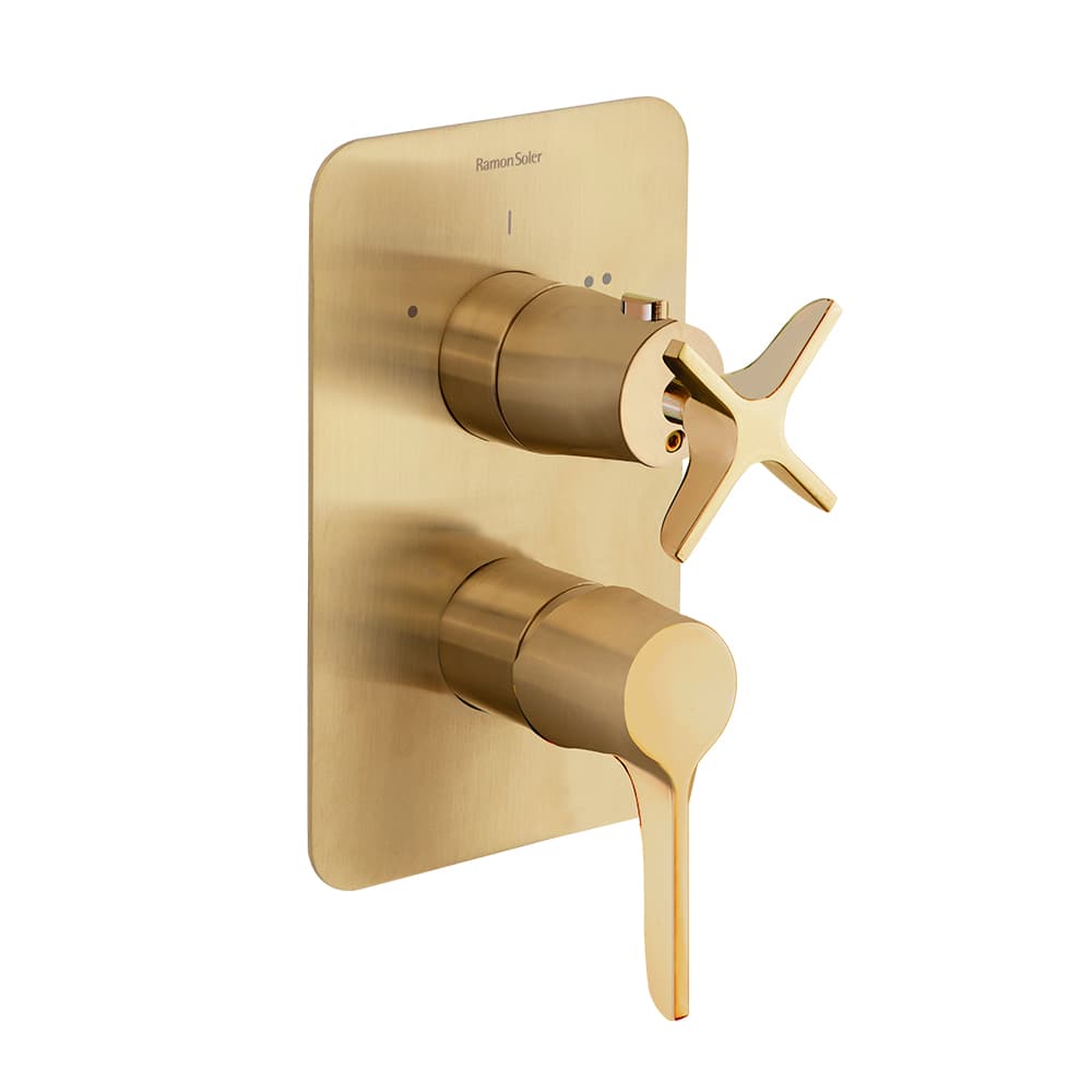 Adagio, plain cross-shaped handle, for concealed thermostatic shower mixer only, Brushed gold