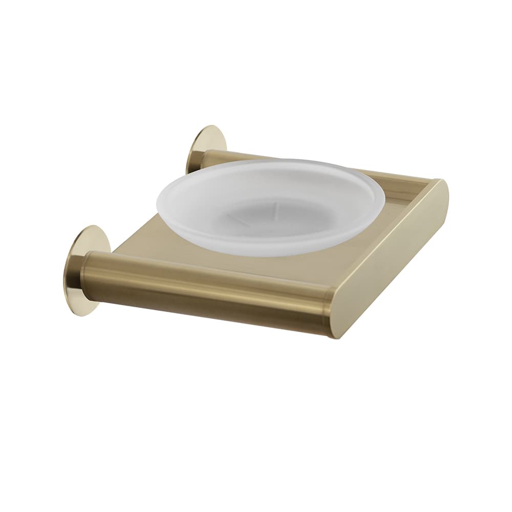 Ergos, wall-mounted bathroom soap dish holder with dual installation system, Brushed gold