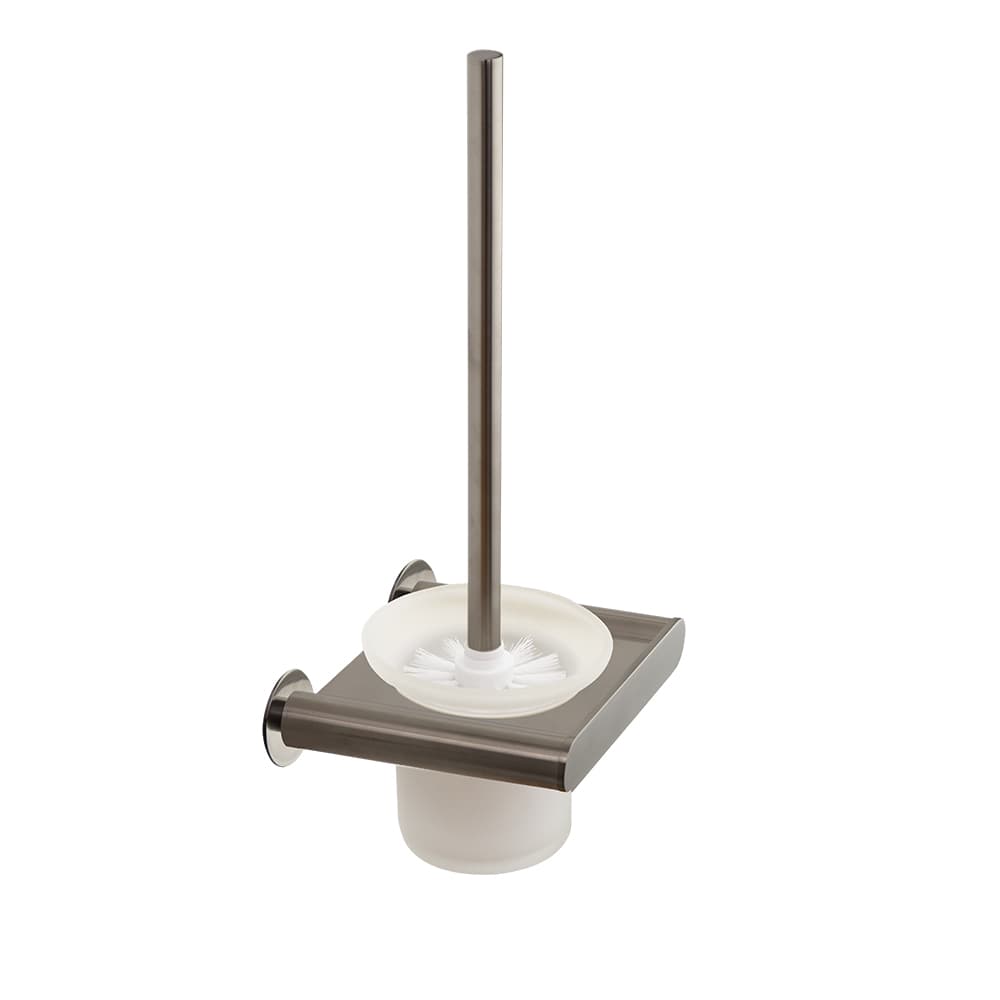 Ergos, wall-mounted toilet brush holder for the bathroom with dual installation system, Brushed stainless steel
