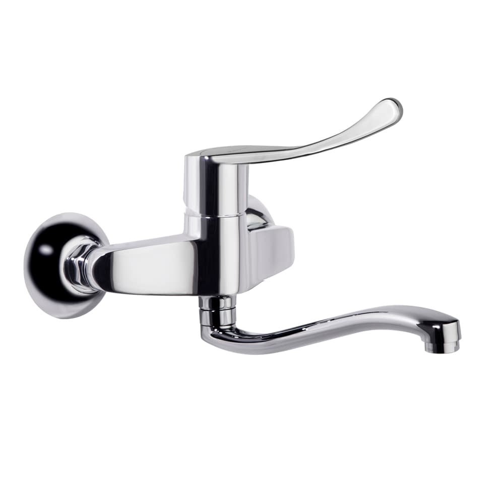 New fly, Breeam, wall-mounted sink mixer with swivel spout and elbow-action lever, Chrome