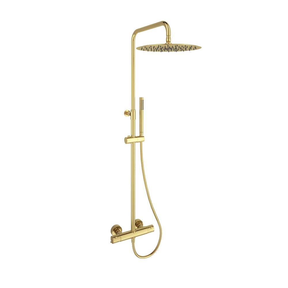 Odisea - joya, Odisea Joya, columna telescópica termostática con ducha de mano y rociador metálico 300 mm, oro cepillado, Oro cepillado