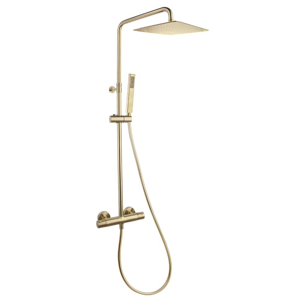 Urban chic, colonne télescopique thermostatique avec pomme de douche carrée de 300 mm, Or brossé