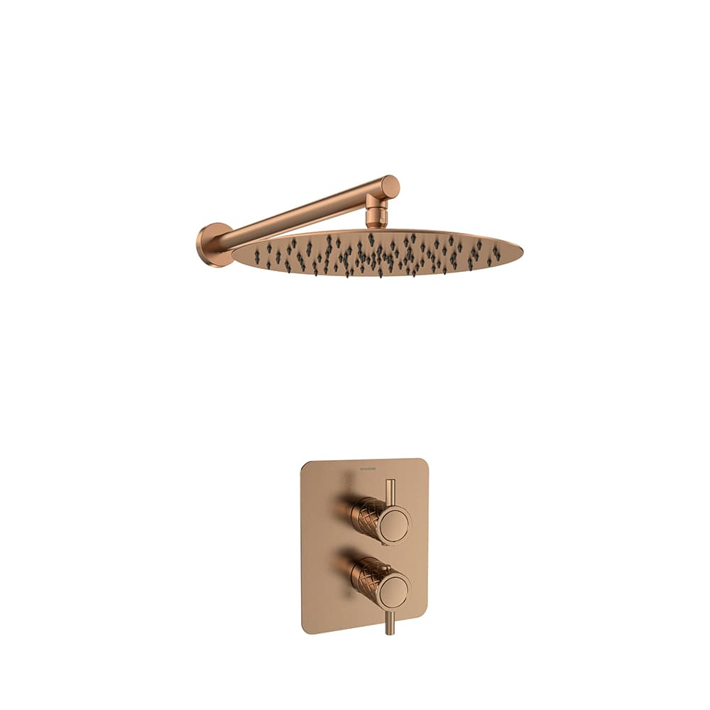 Odisea - joya, concealed 1-way thermostatic mixer set with Ø300 mm metal shower head, Brushed copper