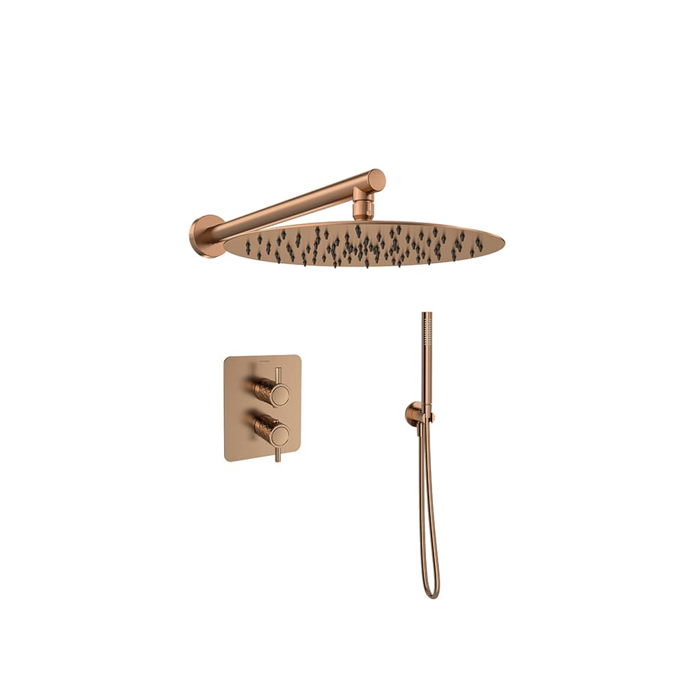 Odisea - joya, Odisea Joya, concealed 2-way thermostatic shower set with hand shower and Ø300 mm metal shower head, brushed copper