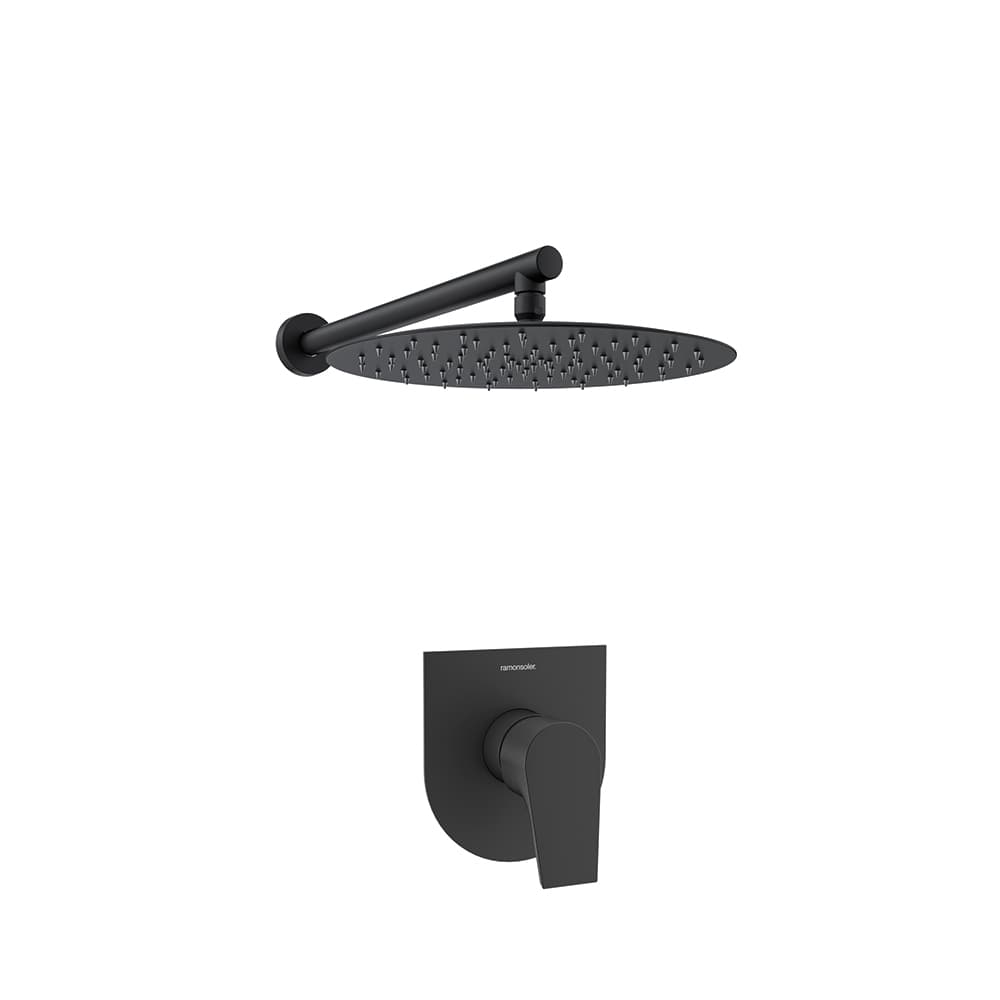 Urban chic, ensemble mitigeur encastré avec support de douchette, coude de raccordement mural, douchette et pomme de douche métallique murale Ø300mm, Noir mat