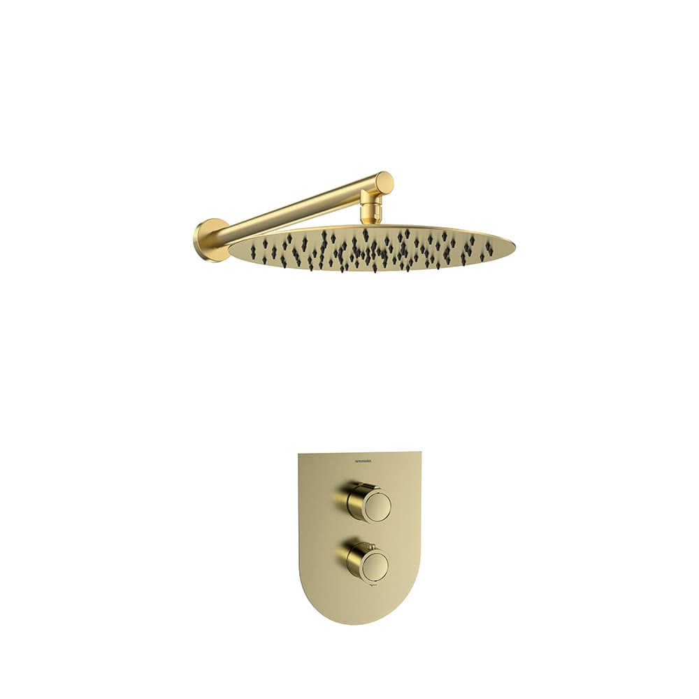 Urban chic, ensemble thermostatique encastré métallique 1 voie avec pomme de douche métallique Ø300mm, Or brossé
