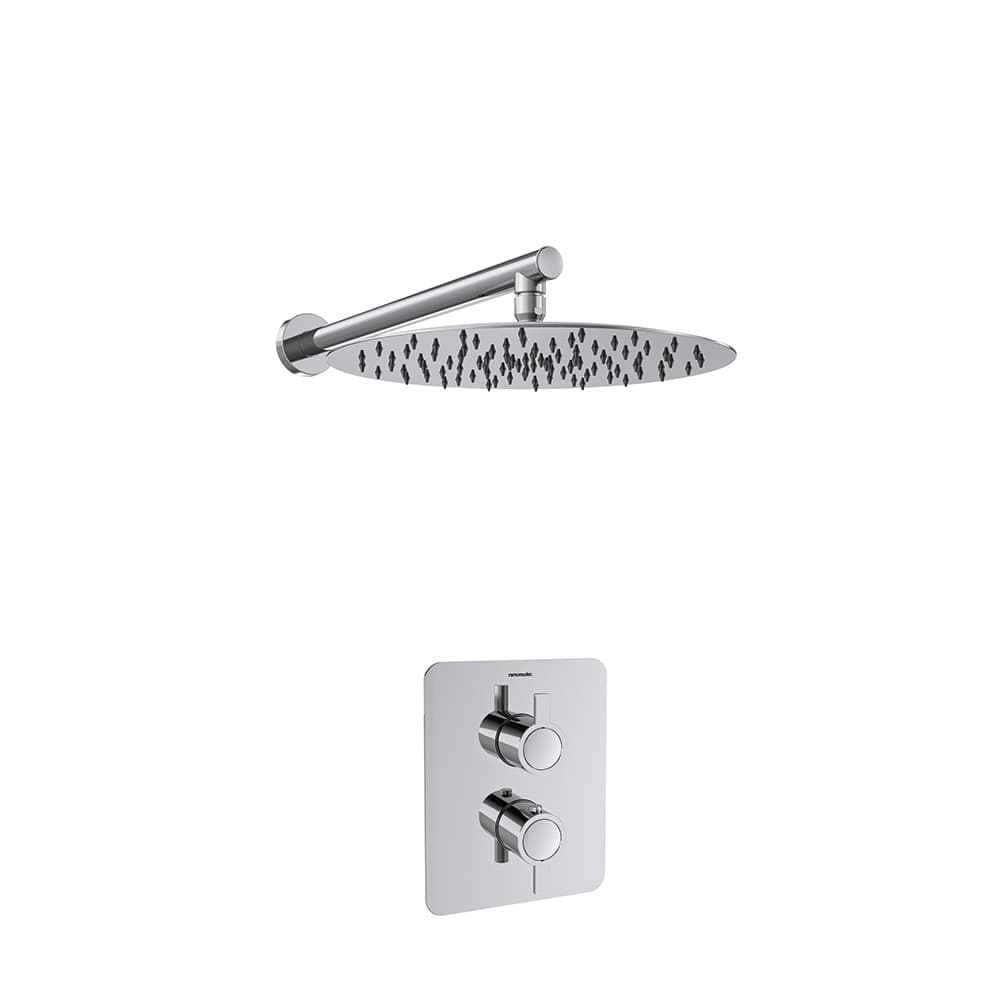 Drako, ensemble thermostatique encastré métallique 1 voie avec pomme de douche métallique Ø 300mm, Chromé