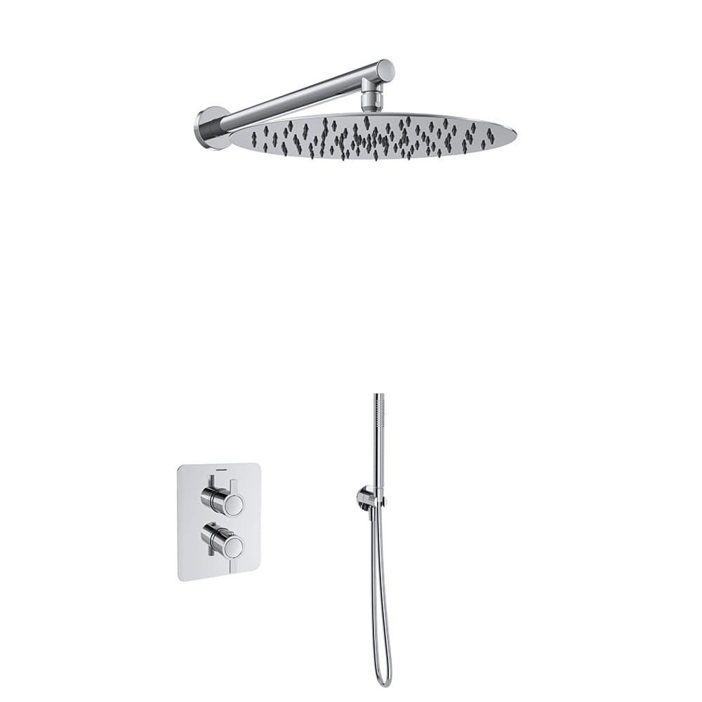 Drako, ensemble thermostatique encastré métallique 2 voies avec pomme de douche métallique Ø 300mm, Chromé