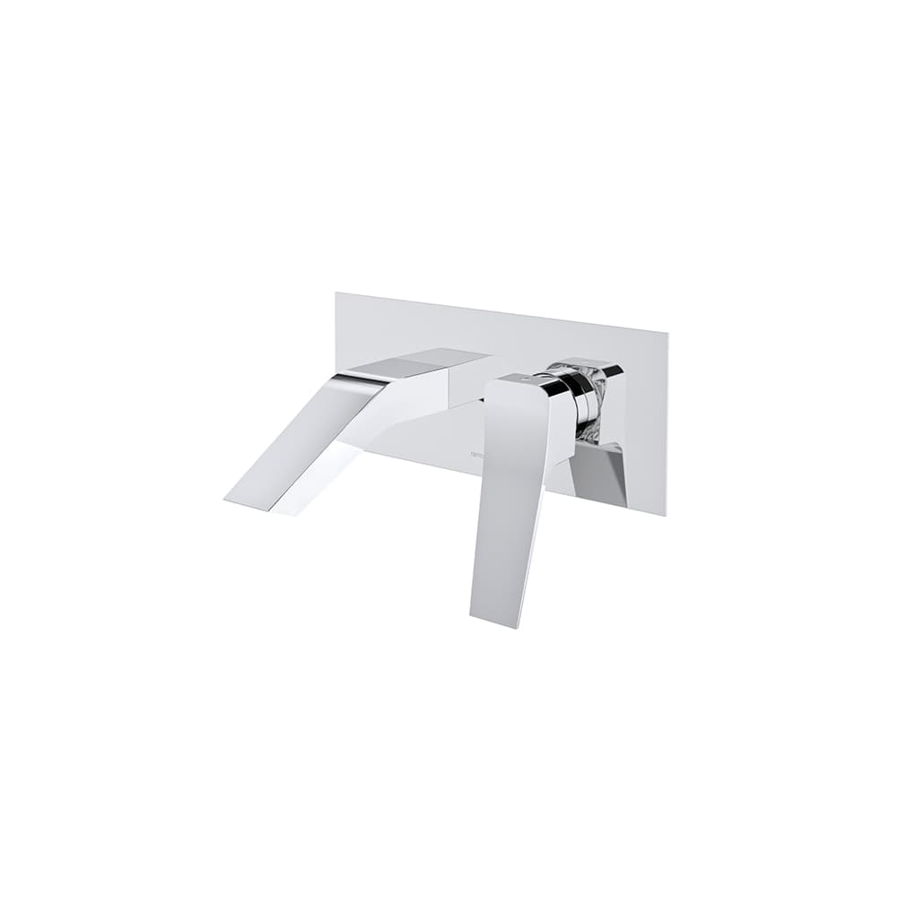 Prisma, concealed wall-mounted basin mixer with angled spout and metal cover plate, Chrome