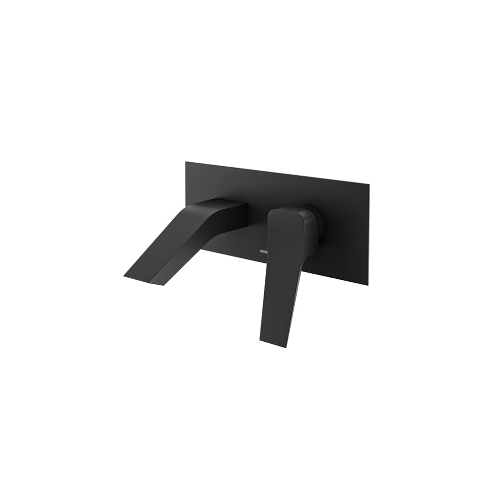 Prisma, monomando de lavabo empotrado mural con caño inclinado y placa metálica, Negro mate