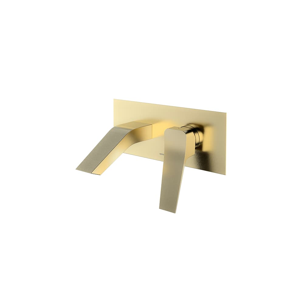 Prisma, monomando de lavabo empotrado mural con caño inclinado y placa metálica, Oro cepillado