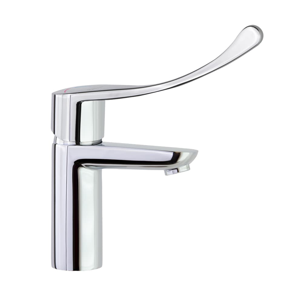 New fly, Breeam, basin mixer with elbow-action lever and 1¼ stainless steel pop-up waste, Chrome