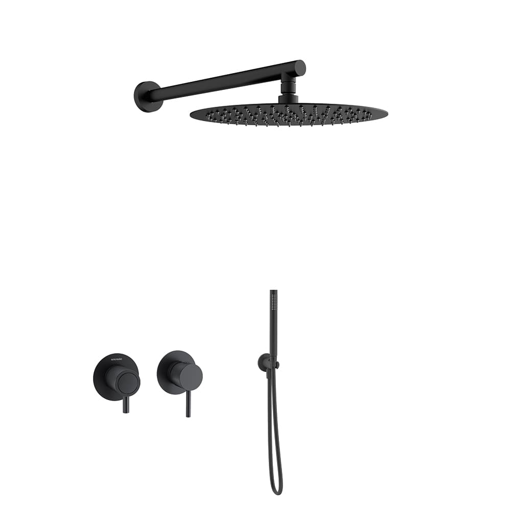 Odisea, conjunt monocomandament encastat horitzontal de 2 vies amb telèfon de dutxa i ruixador de Ø300mm, Negre mat