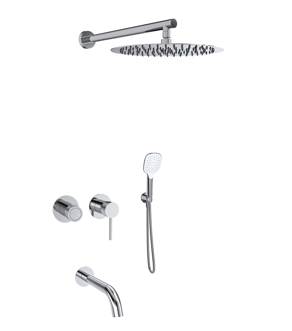 Mamma mia, conjunt monocomandament encastat horitzontal de 3 vies amb suport, presa d'aigua, broc de banyera, telèfon de dutxa i ruixador de Ø300mm, Inox