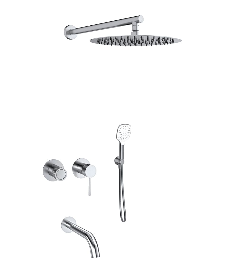 Mamma mia, conjunto monomando empotrado horizontal 3 vías con soporte, toma de agua, caño de bañera, teleducha y rociador de Ø300mm, Inox cepillado