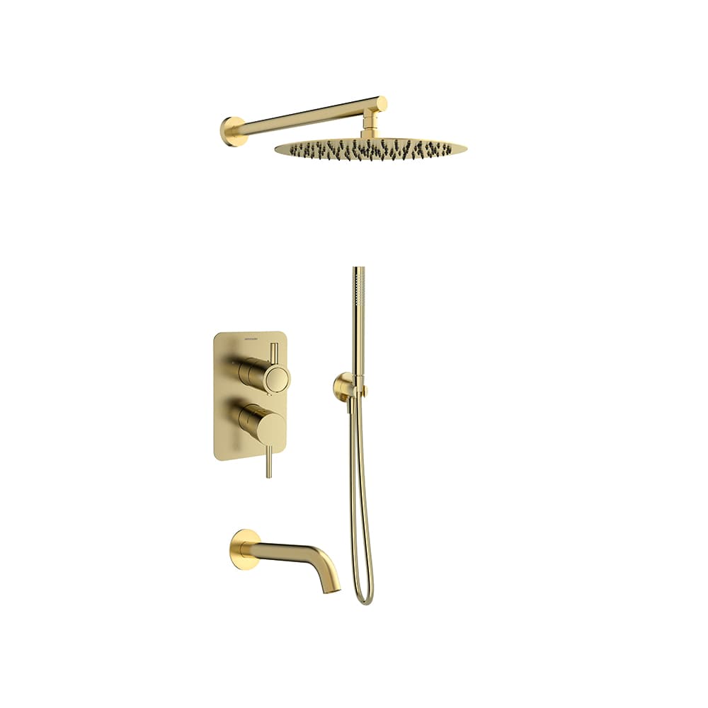 Odisea, concealed 3-way mixer set with bath spout, hand shower and Ø300mm shower head, Brushed gold