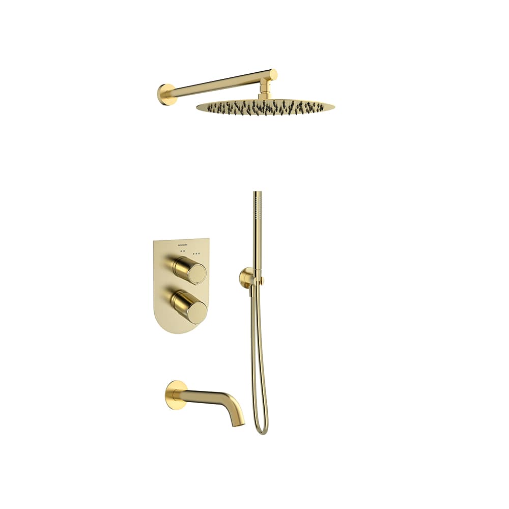 Tzar, Unterputz-Einhebelmischer-Set mit 3 Wegen, Wandauslauf, Handbrause und Metall-Kopfbrause Ø300mm für Wandmontage, Gold gebürstet