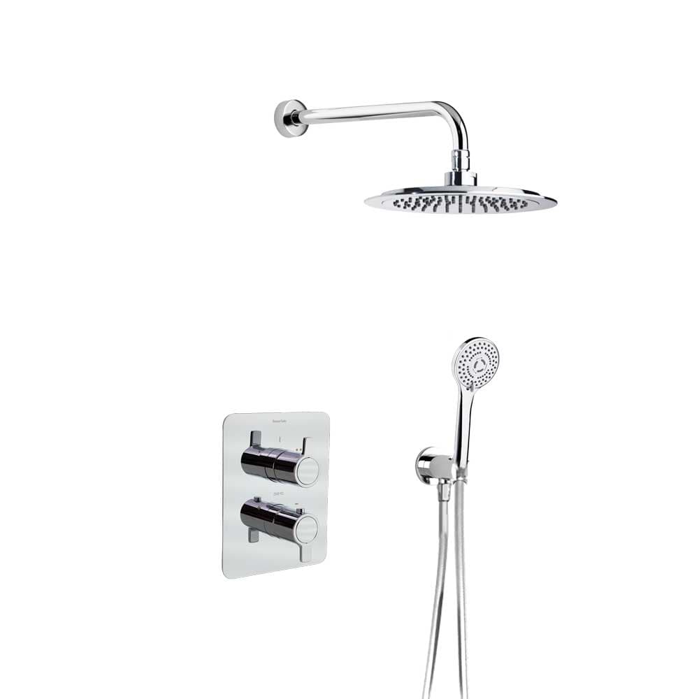Blautherm, Breeam, conjunt termostàtic encastat metàl·lic de 2 vies amb suport, presa d'aigua, telèfon de dutxa i ruixador rodó Ø240 mm, 8L, crom