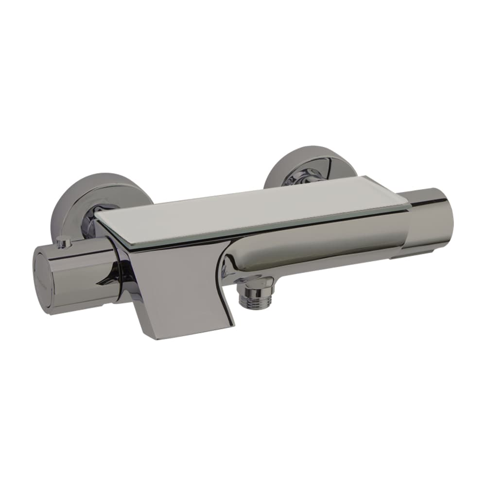 Urban chic, mitigeur thermostatique bain-douche à bec cascade avec inverseur intégré et tablette en verre de sécurité, Nickel brossé