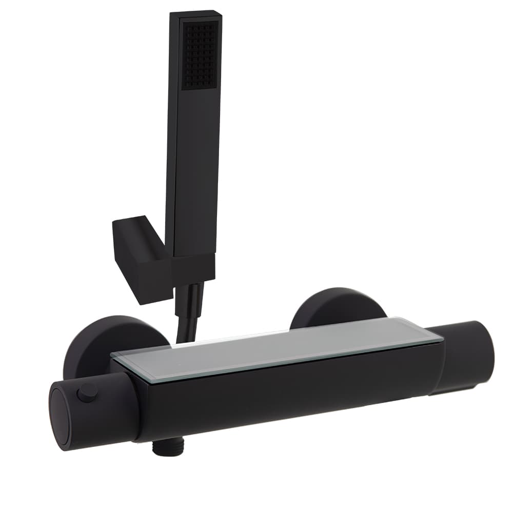 Urban chic, mitigeur thermostatique bain-douche avec ensemble de douche, bec cascade, inverseur intégré et tablette, Noir mat