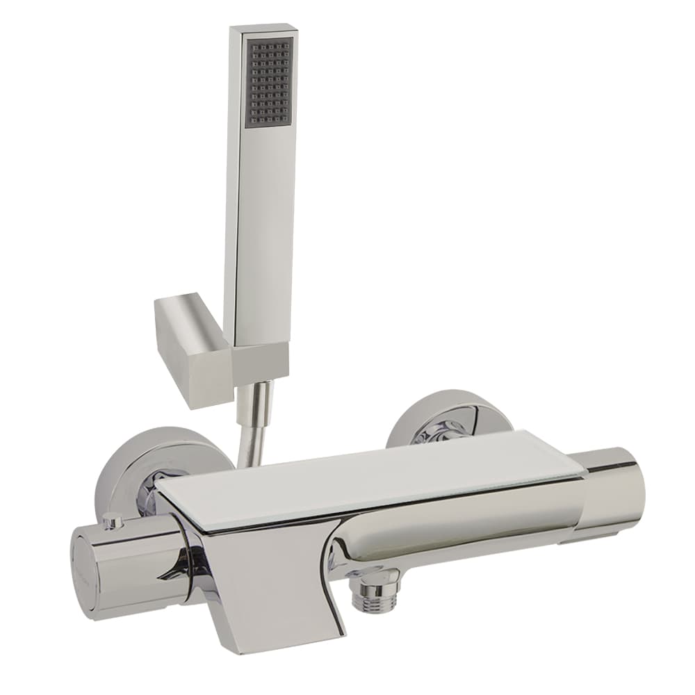 Urban chic, mitigeur thermostatique bain-douche avec ensemble de douche, bec cascade, inverseur intégré et tablette en verre de sécurité., Nickel brossé