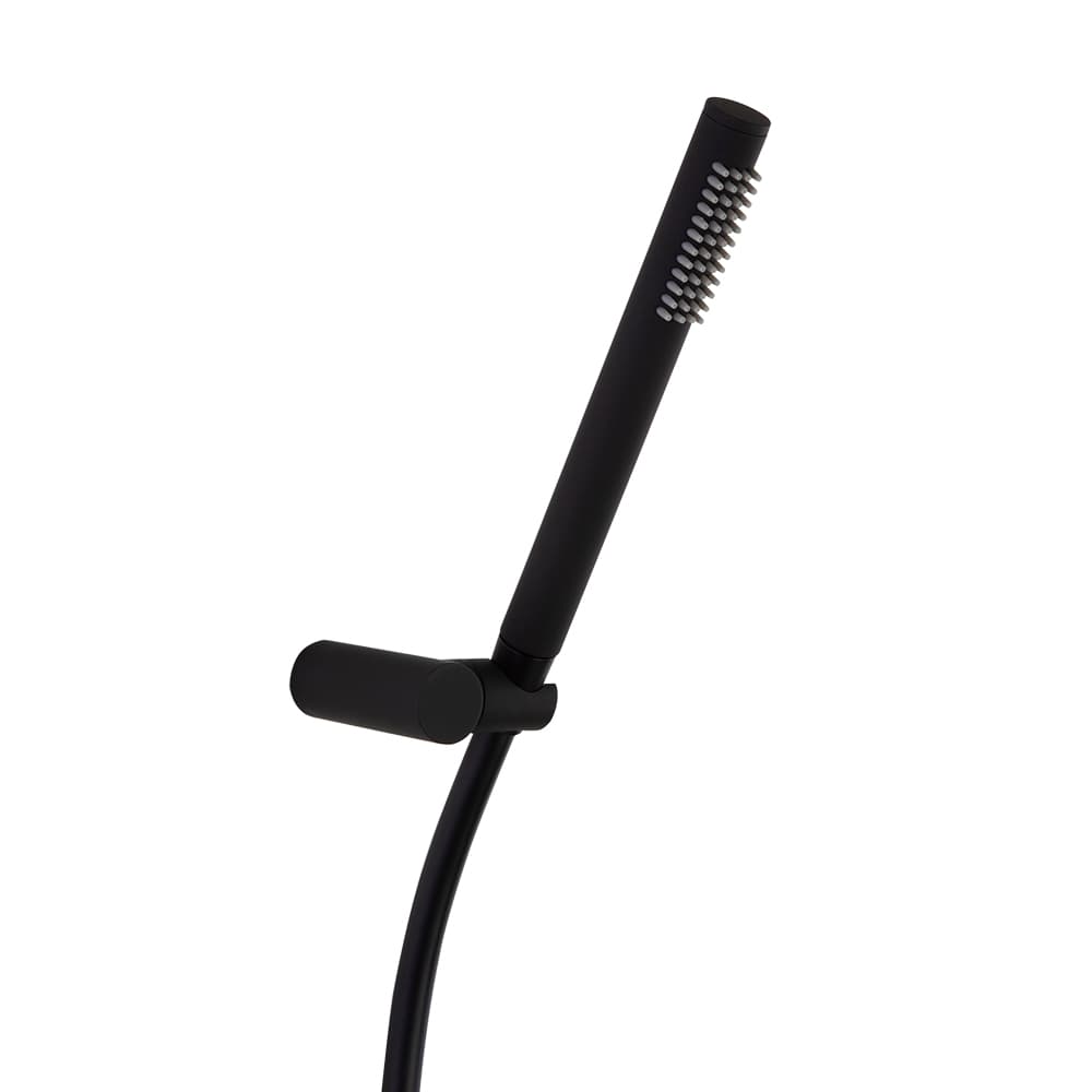 Hidroterapia, set ducha de mano cilíndrica minimalista , flexo y soporte, Negro mate