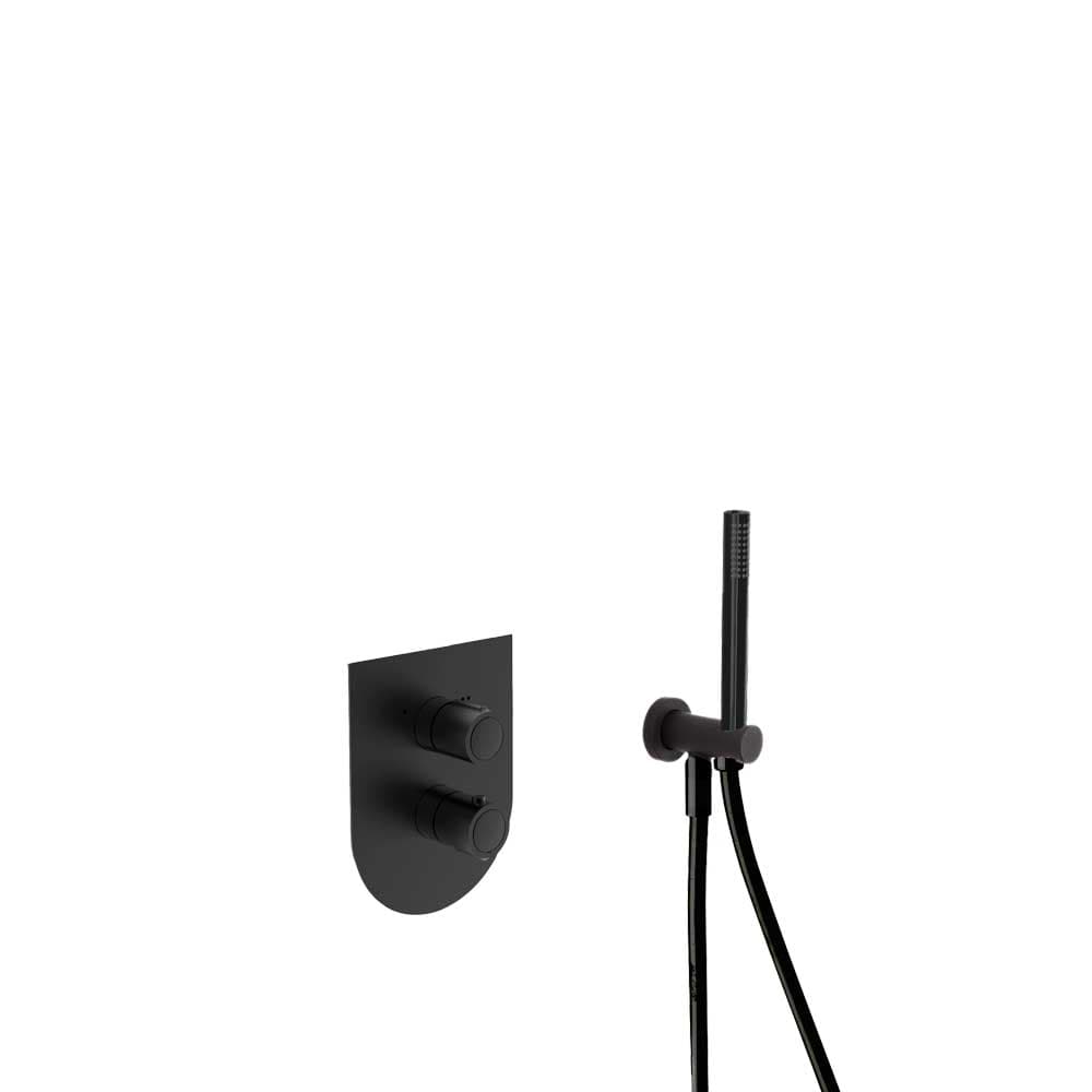Urban chic, ensemble thermostatique encastré métallique 2 voies avec support de douchette, coude de raccordement mural et douchette., Noir mat