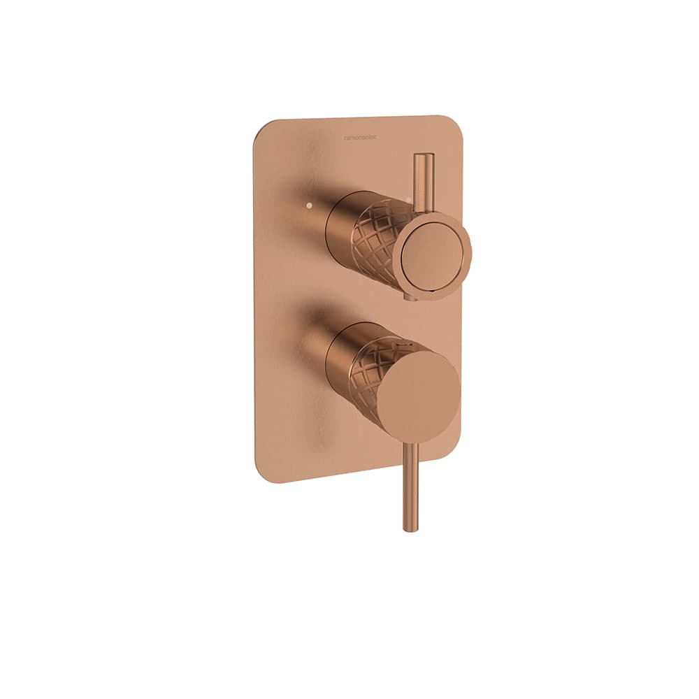 Odisea - joya, monomando de ducha empotrado 2 vías con placa metálica, Cobre cepillado