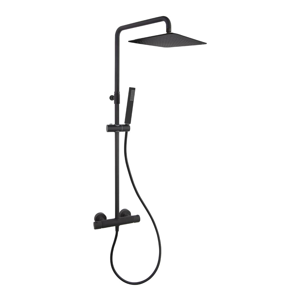 Urban chic, colonne télescopique thermostatique avec inverseur intégré, pomme de douche carrée métallique 300mm., Noir mat