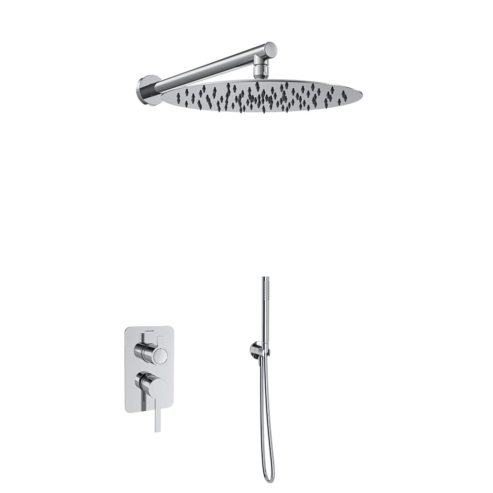 Drako, ensemble mitigeur encastré métallique 2 voies avec pomme de douche métallique Ø 300mm, Chromé